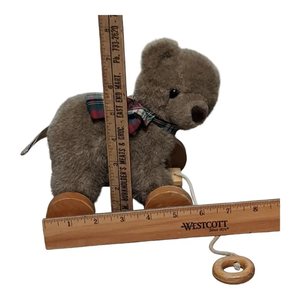 Applausse pull behind toy bear with tartan plaid scarf wheels faux fur